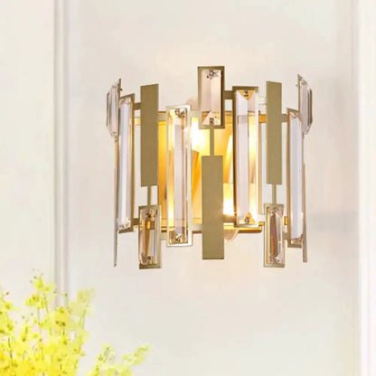 Postmodern gold crystal block wall light fixture by Decorbites, gold metal frame with crystal prisms on Tampa Home & Garden Store