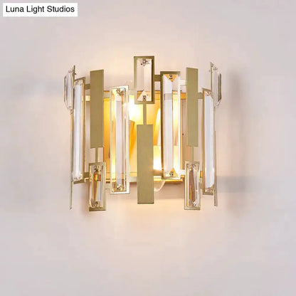 Gold crystal block wall light fixture with geometric brass frame and glass panels Decorbites on Tampa Home & Garden Store
