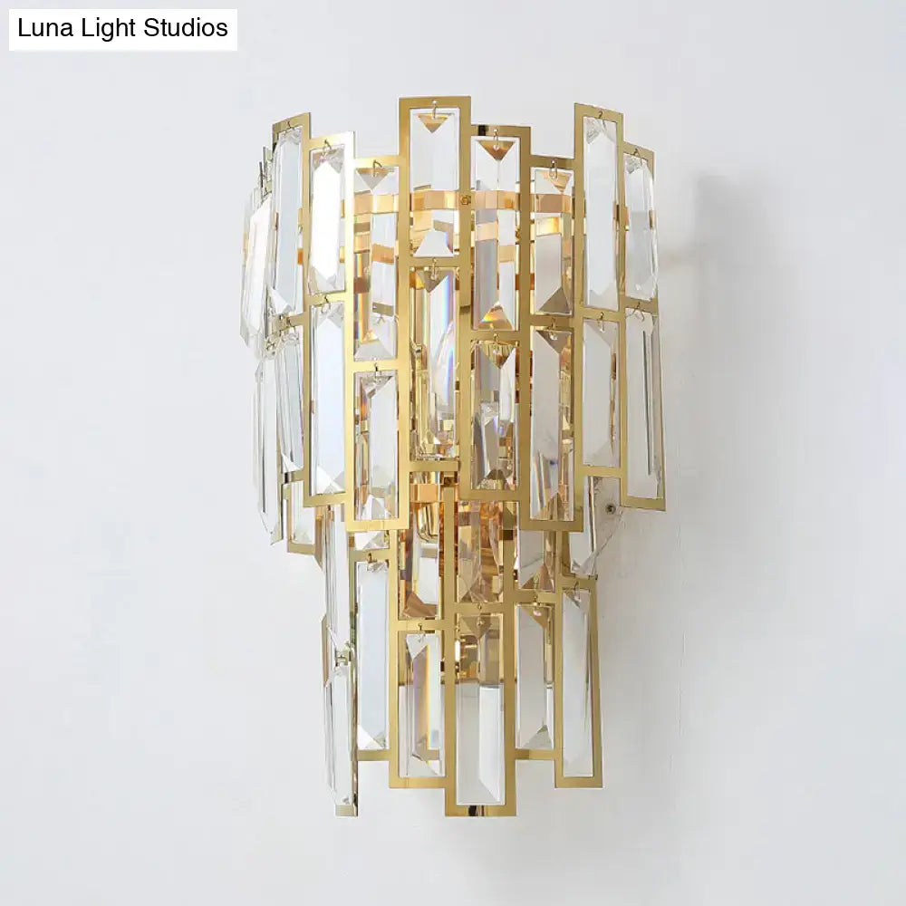 Gold Crystal Curved Sconce by Decorbites with gold metal frame and clear rectangular crystals on Tampa Home & Garden Store