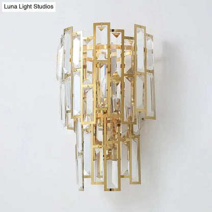 Gold Crystal Curved Sconce by Decorbites with gold metal frame and clear rectangular crystals on Tampa Home & Garden Store