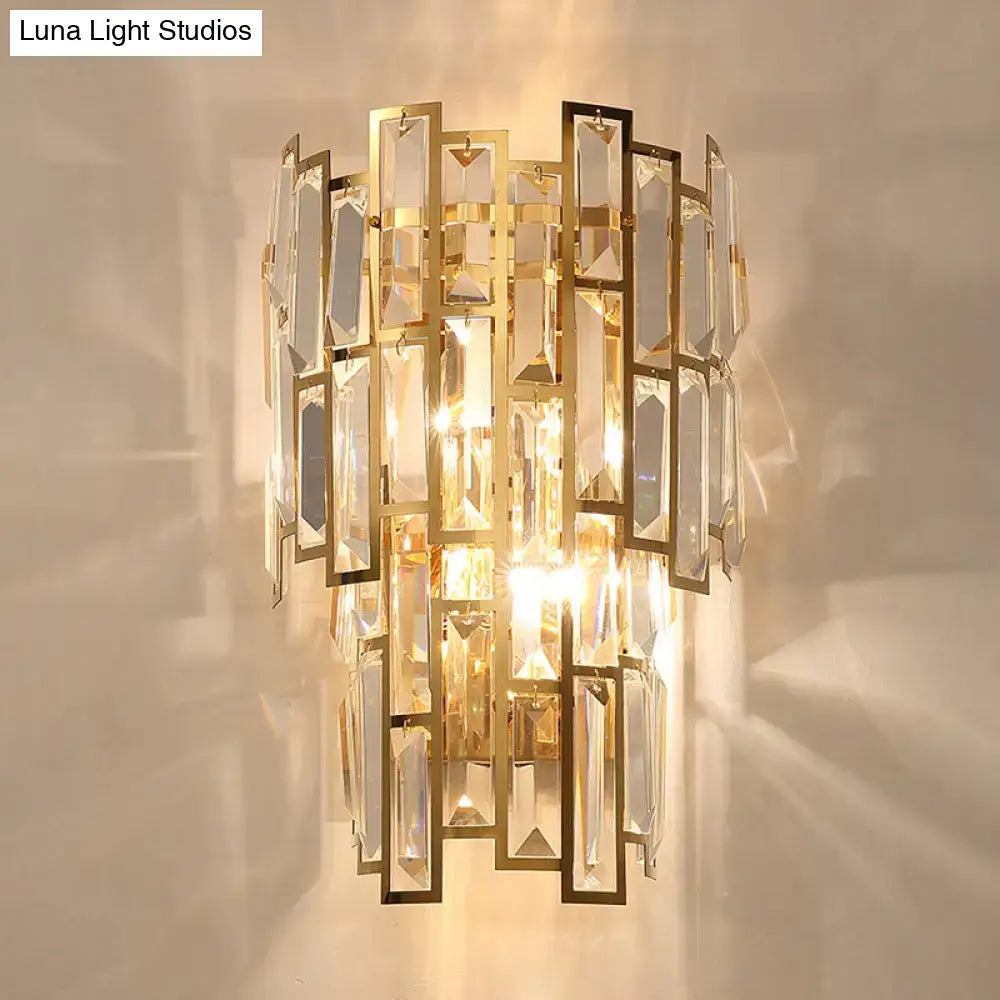 Gold crystal curved sconce with rectangular glass prisms, Decorbites home wall light on Tampa Home & Garden Store