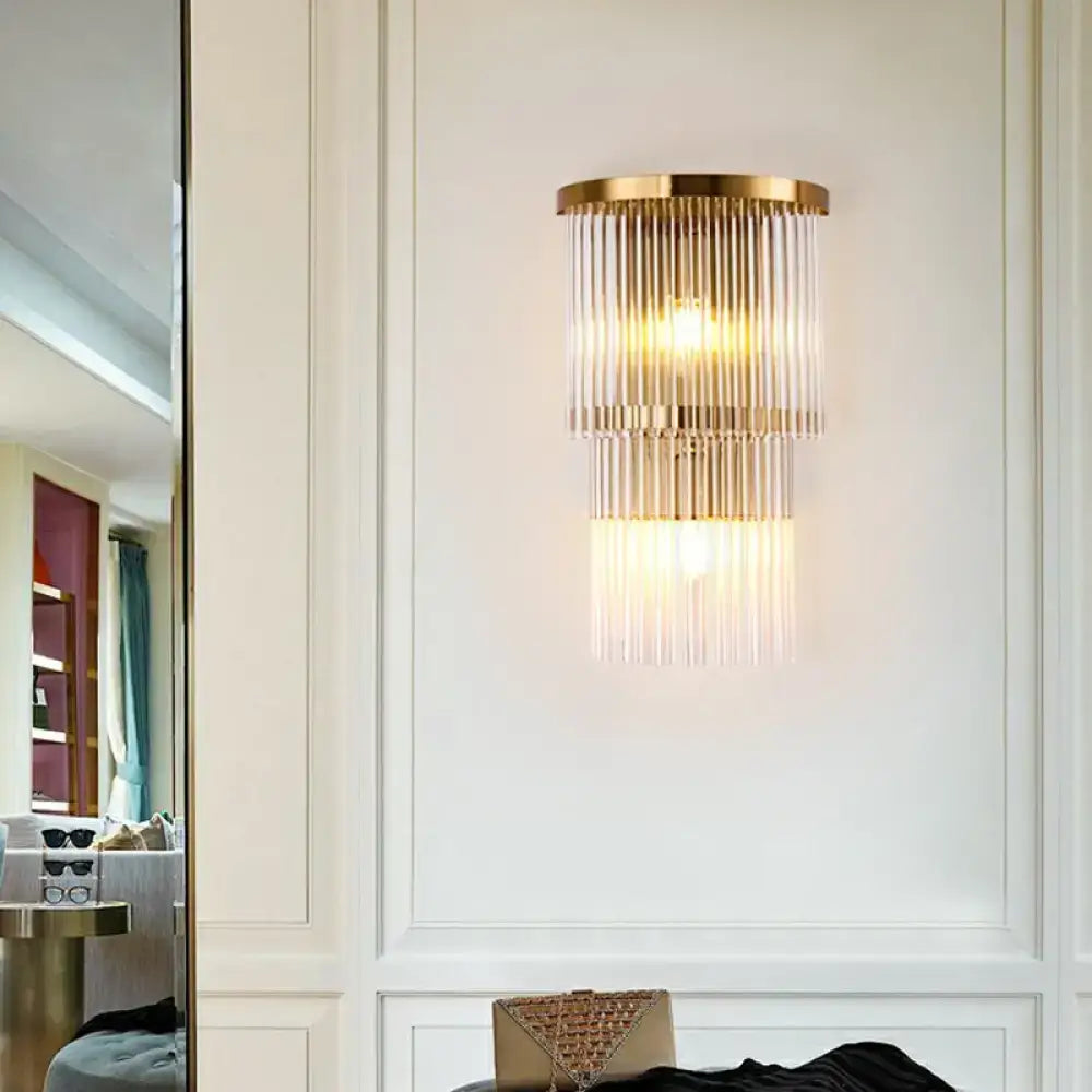 Gold Crystal Triangle Sconce with brass finish and hanging glass rod tiers on wall on Tampa Home & Garden Store