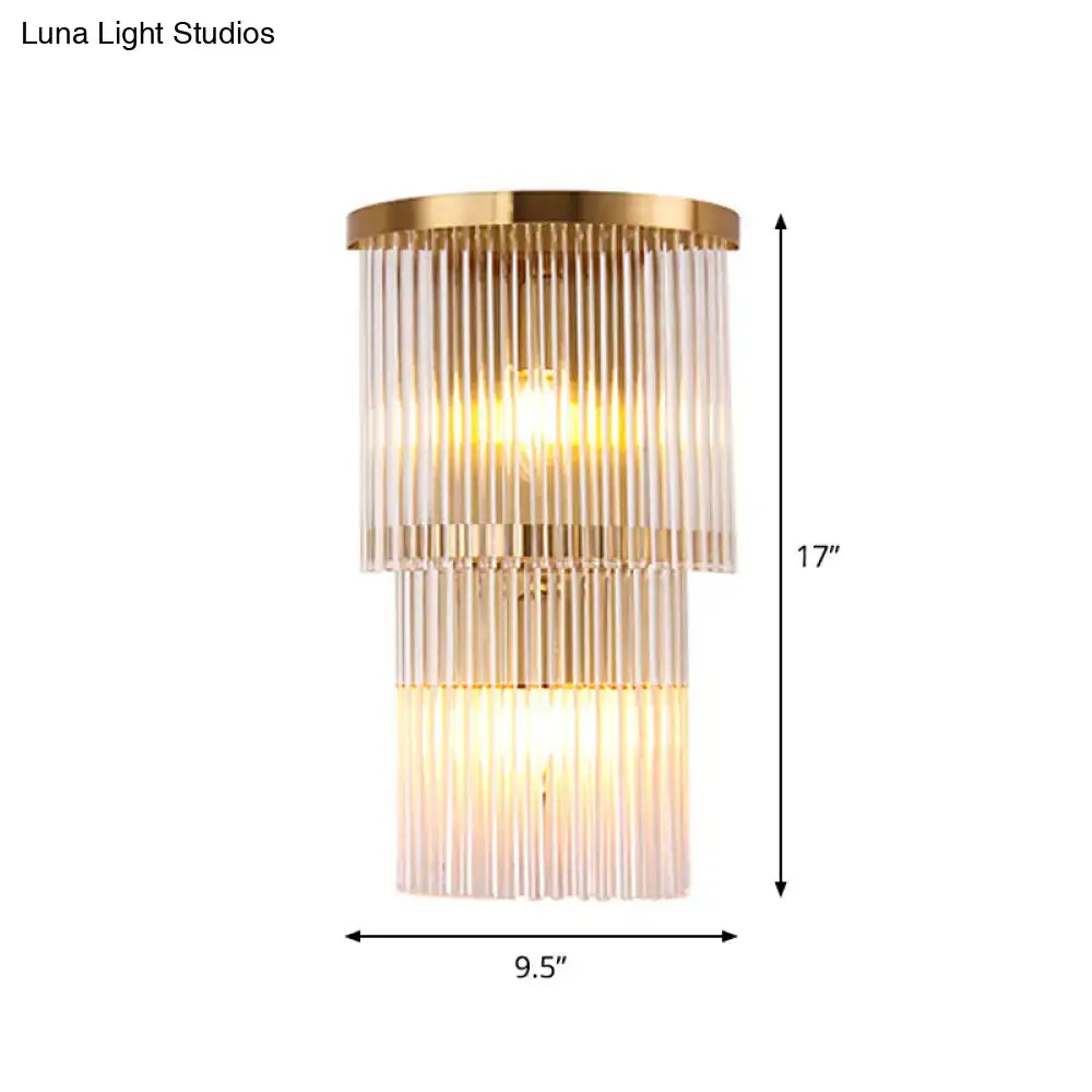 Gold crystal triangle sconce with tiered glass prisms, gold finish, 17in tall 9.5in wide on Tampa Home & Garden Store