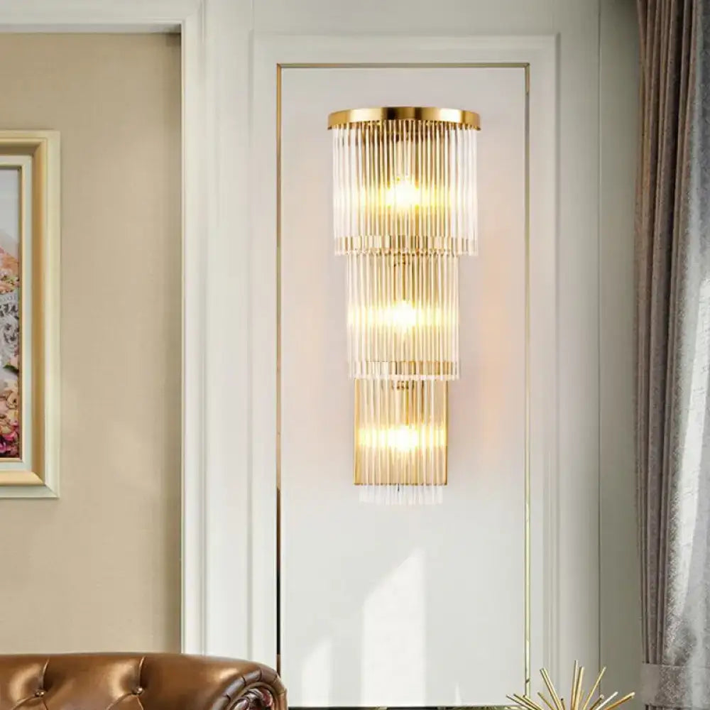 Gold crystal triangle sconce by Decorbites, wall-mounted light with stacked prisms on Tampa Home & Garden Store