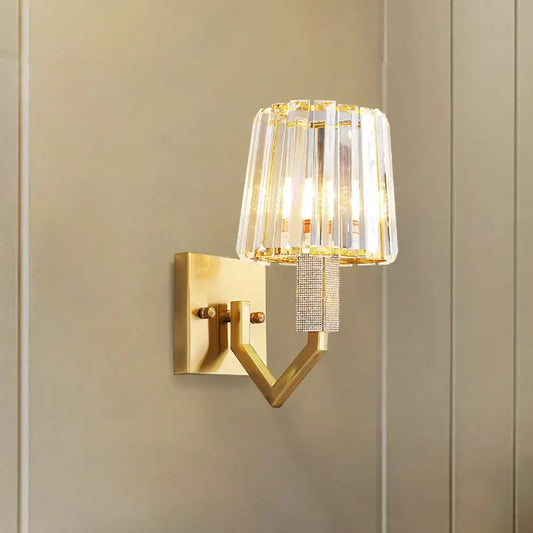 Gold Crystal Prism Wall Light by Decorbites with crystal shade and brass V-shaped wall mount on Tampa Home & Garden Store