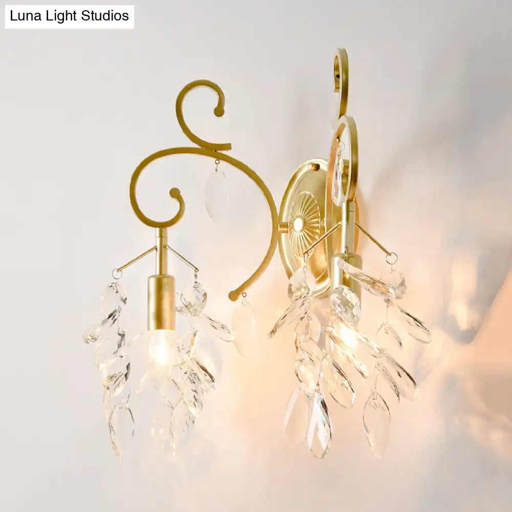 Gold Curve Crystal Sconce with hanging prisms, brass finish wall light Decorbites on Tampa Home & Garden Store