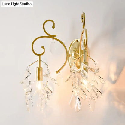 Gold Curve Crystal Sconce with hanging prisms, brass finish wall light Decorbites on Tampa Home & Garden Store