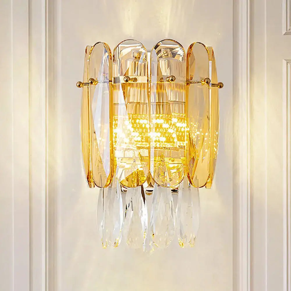 Gold Faceted Crystal Sconce by Decorbites, gold-tone metal with hanging crystal prisms on Tampa Home & Garden Store