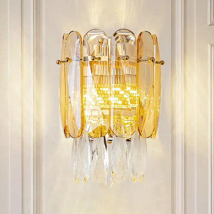Gold Faceted Crystal Sconce by Decorbites, gold-tone metal with hanging crystal prisms on Tampa Home & Garden Store