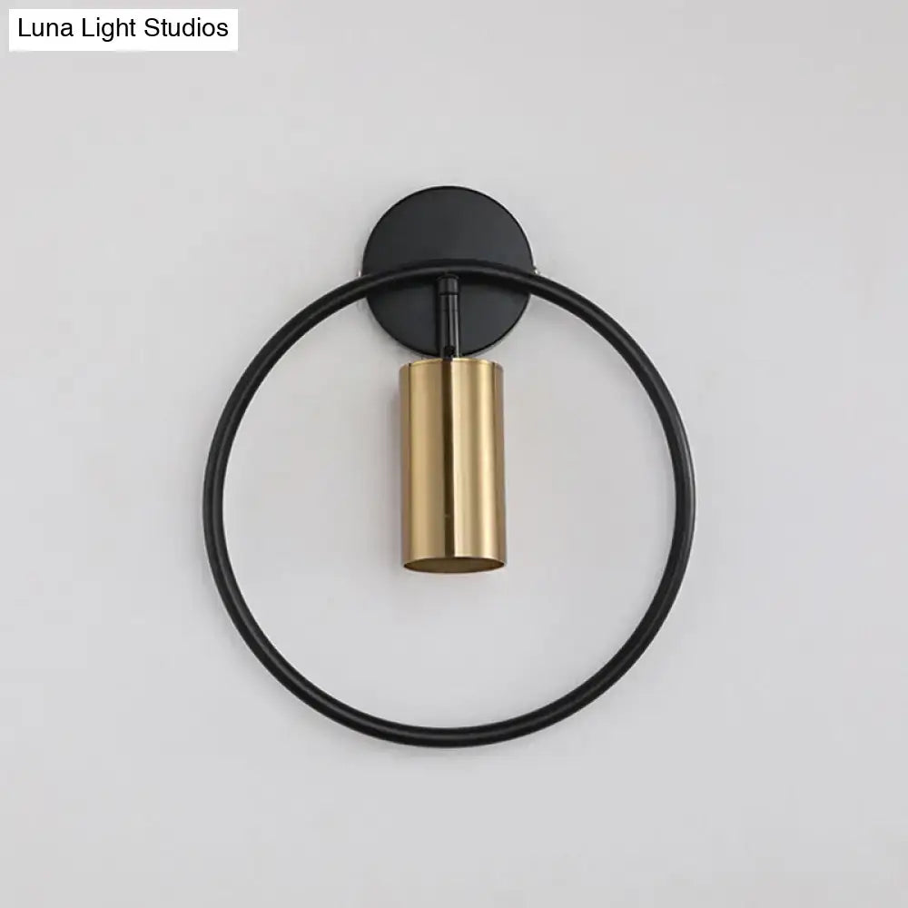 Gold halo ring wall sconce with brass cylindrical shade, black ring, Decorbites on Tampa Home & Garden Store