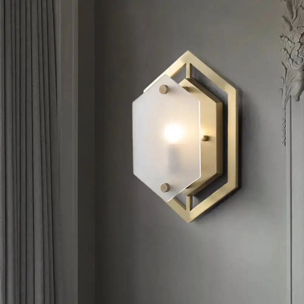 Postmodern gold hexagon wall lamp with glass shade by Decorbites, bedroom sconce lighting on Tampa Home & Garden Store