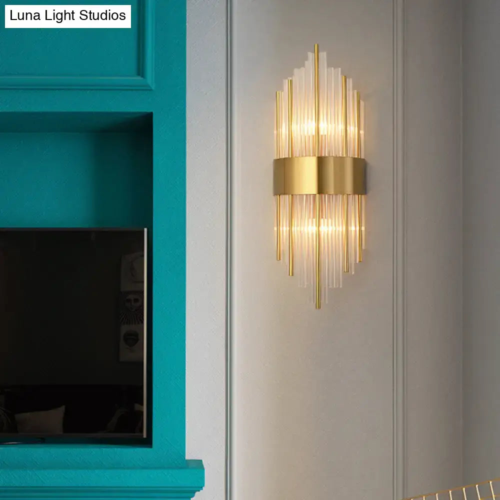 Decorbites Gold K9 Crystal Rod Dual-Light Sconce with gold band and glass rods on wall on Tampa Home & Garden Store