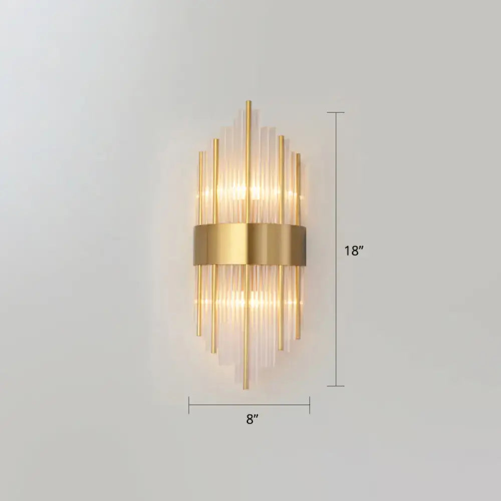 Gold K9 crystal rods dual-light wall sconce by Decorbites, brass band 18in tall 8in wide on Tampa Home & Garden Store