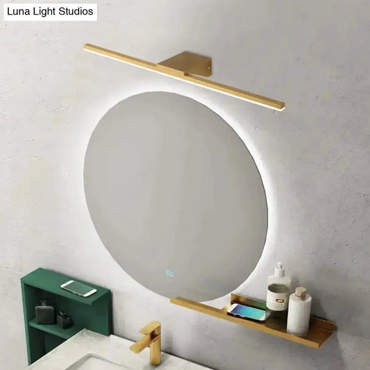 Postmodern gold LED bathroom wall light sconce with round backlit mirror and dual gold shelves on Tampa Home & Garden Store