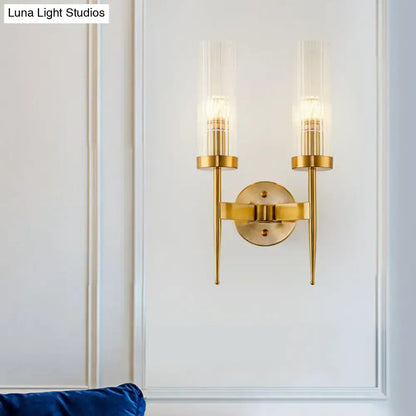 Gold ribbed glass stairway dual-light sconce by Decorbites; wall-mounted with twin gold shades on Tampa Home & Garden Store