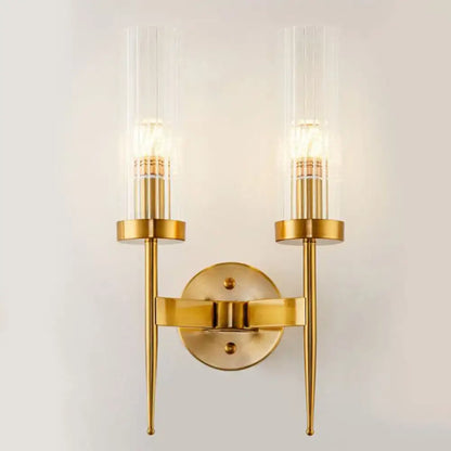 Gold ribbed glass stairway dual-light wall sconce with brass finish and twin glass-tube bulbs on Tampa Home & Garden Store