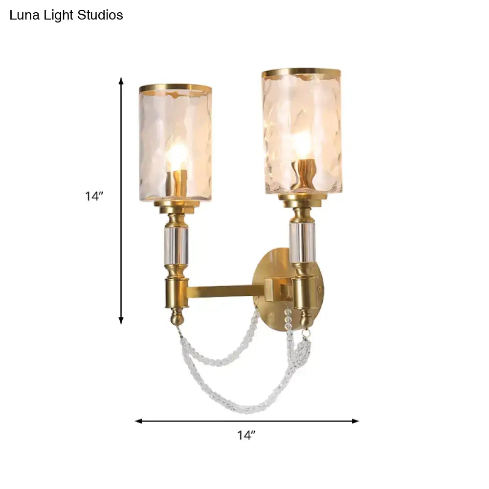 Decorbites brass wall sconce with dual crystal shades, gold finish, 14 tall by 14 wide on Tampa Home & Garden Store