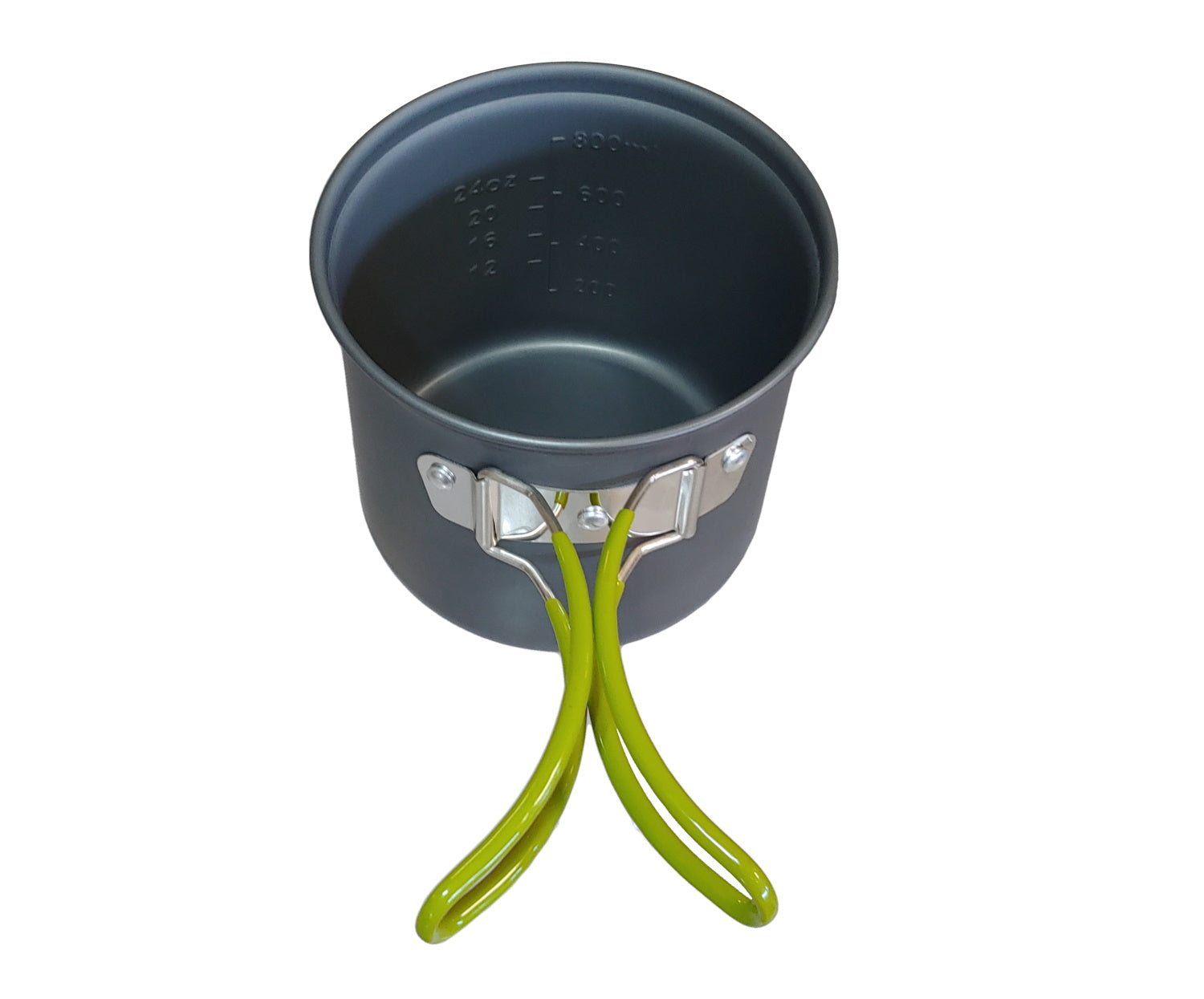 Camping pot by River Country Gear in gray with lime green foldable handles on Tampa Home & Garden Store