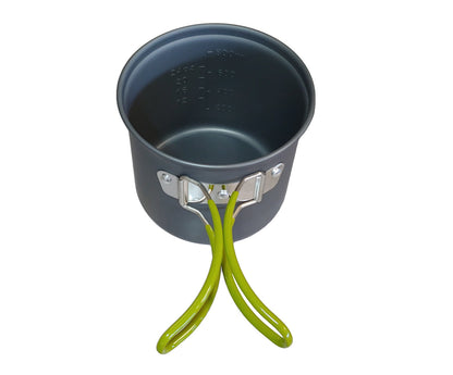 Camping pot by River Country Gear in gray with lime green foldable handles on Tampa Home & Garden Store