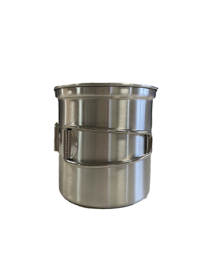 Stainless steel camping pot set by River Country Gear with foldable handle on Tampa Home & Garden Store