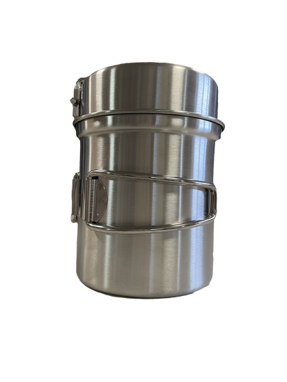 Stainless steel camping pot set by River Country Gear, stackable nesting pots with side latches on Tampa Home & Garden Store