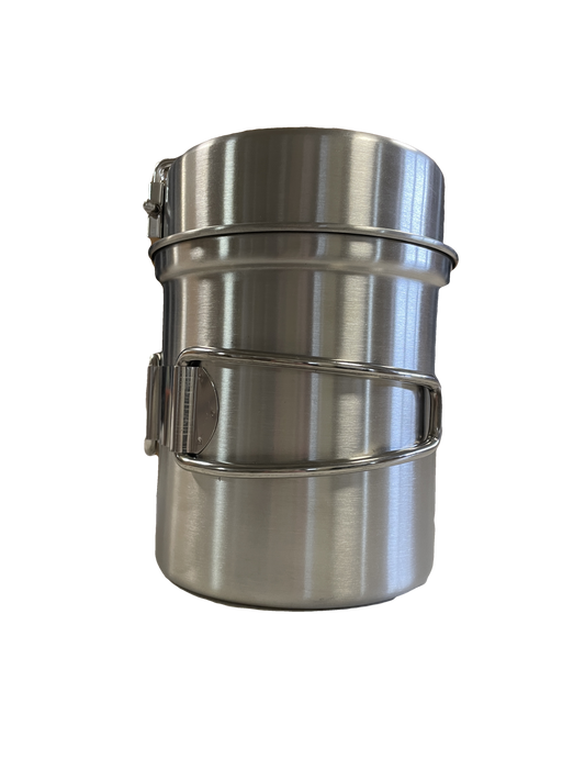 Stainless steel camping pot set by River Country Gear, stackable nesting pots with side latches on Tampa Home & Garden Store