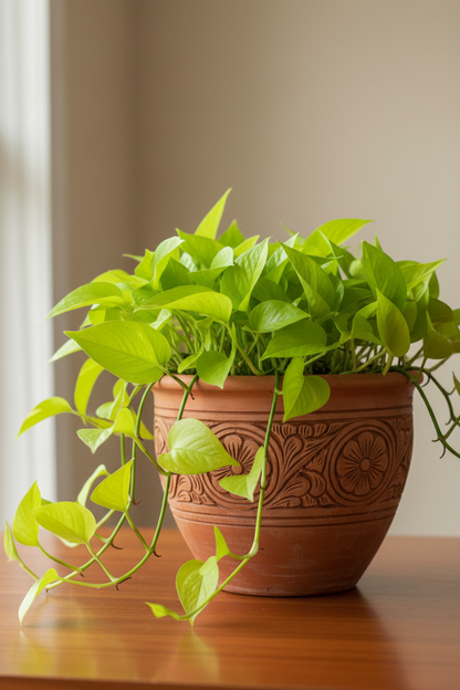 Pothos Neon by Rooted Treasures Farms in a 4-inch nursery pot with bright lime leaves and trailing vines in a terracotta planter on Tampa Home & Garden Store