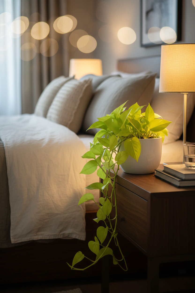 Neon Pothos indoor plant in a 4-inch nursery pot with neon-green trailing vines on a table on Tampa Home & Garden Store