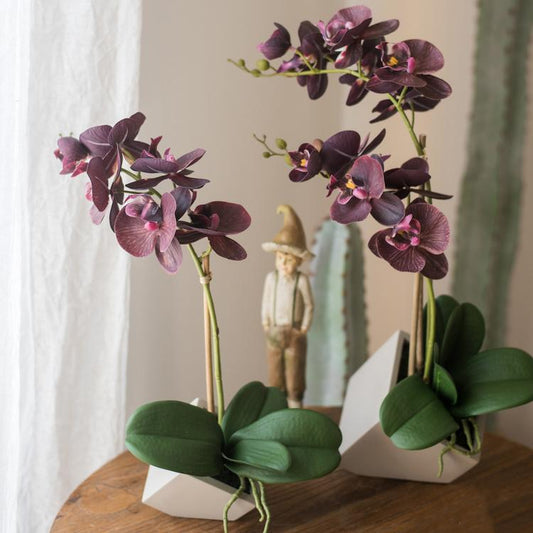 Artificial Silk Orchid Potted Flower Arrangement Purple pair with green leaves in white pots on Tampa Home & Garden Store
