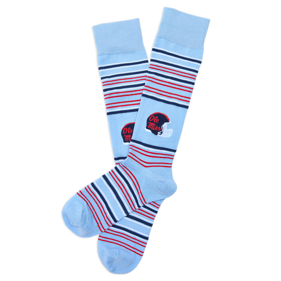 DeadSoxy Ole Miss helmet dress socks pair in light blue with red navy stripes and Miss patch on Tampa Home & Garden Store
