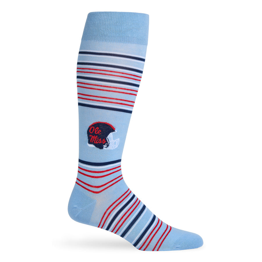 Powder Ole Miss Helmet Dress Socks, light blue knee-high with red and navy stripes on leg on Tampa Home & Garden Store
