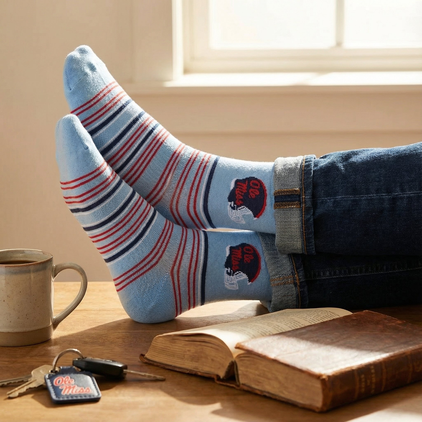 Powder Ole Miss Helmet Dress Socks by DeadSoxy, light blue striped crew socks with helmet logo on Tampa Home & Garden Store