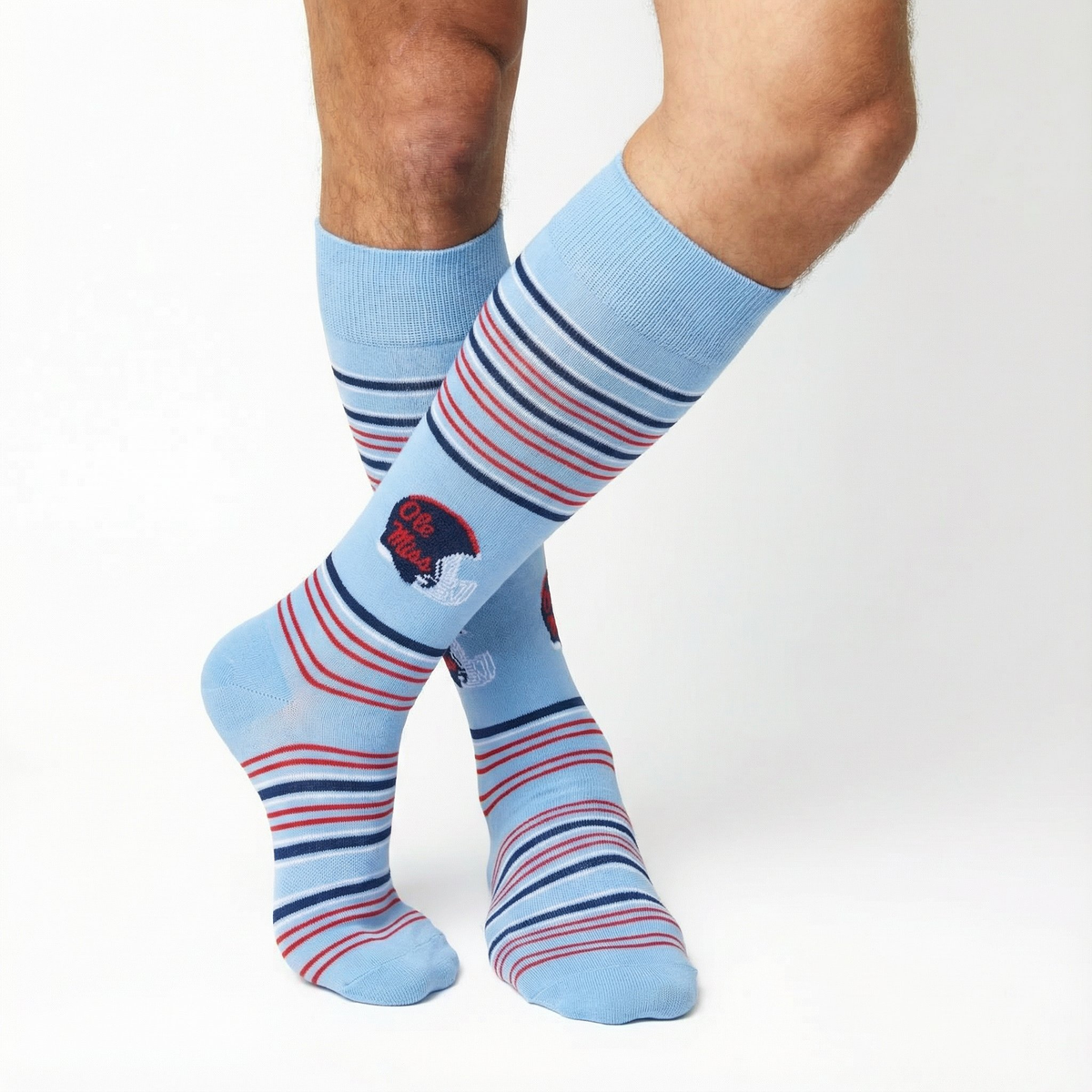Powder blue Ole Miss helmet dress socks with red and navy stripes, licensed college socks on Tampa Home & Garden Store