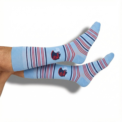 Powder blue Ole Miss helmet dress socks with red and navy stripes and helmet logo on Tampa Home & Garden Store