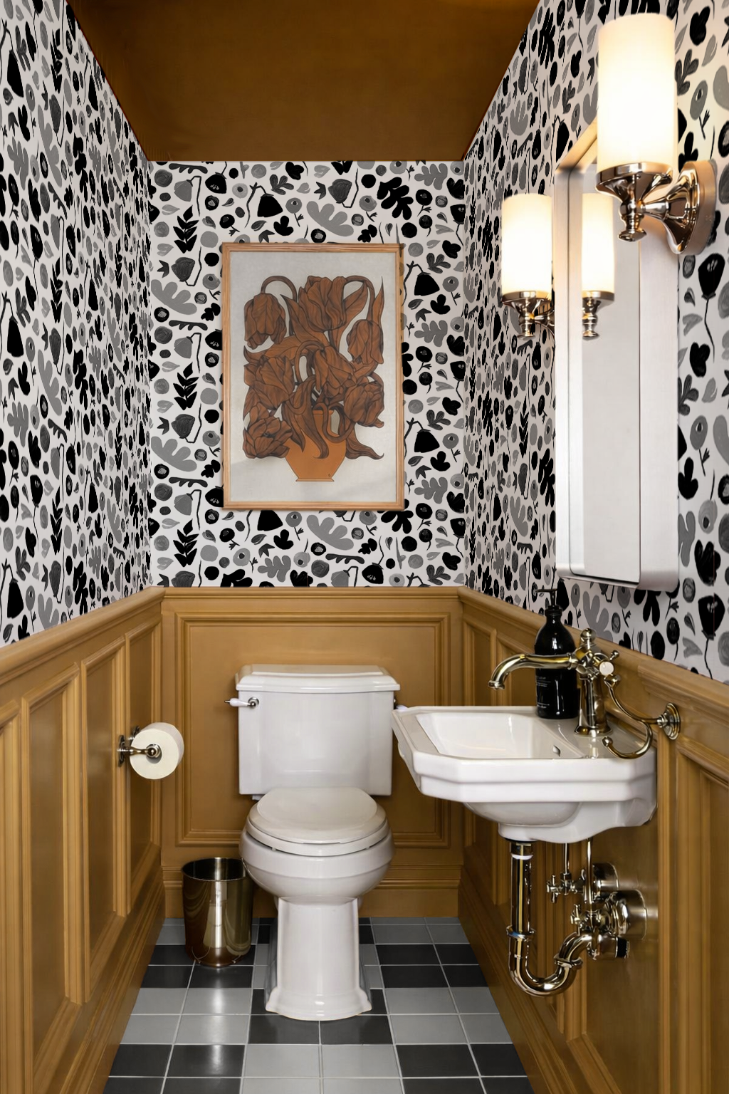 Papel pintado floral Henri, blanco y negro
