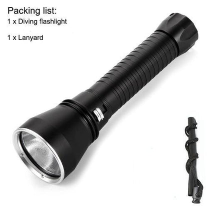 Stevvex black aluminum dive flashlight with rechargeable LED and lanyard on Tampa Home & Garden Store
