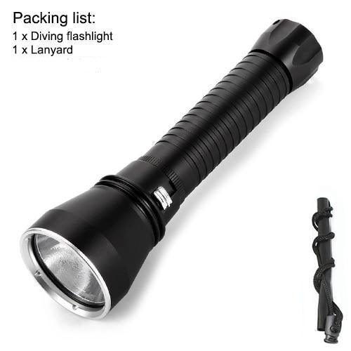 Powerful LED rechargeable dive flashlight with ridged black body and included lanyard on Tampa Home & Garden Store