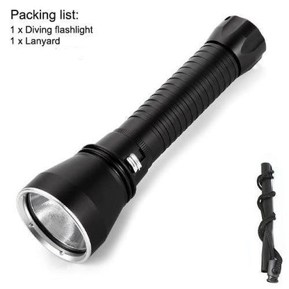 Powerful LED rechargeable dive flashlight with ridged black body and included lanyard on Tampa Home & Garden Store