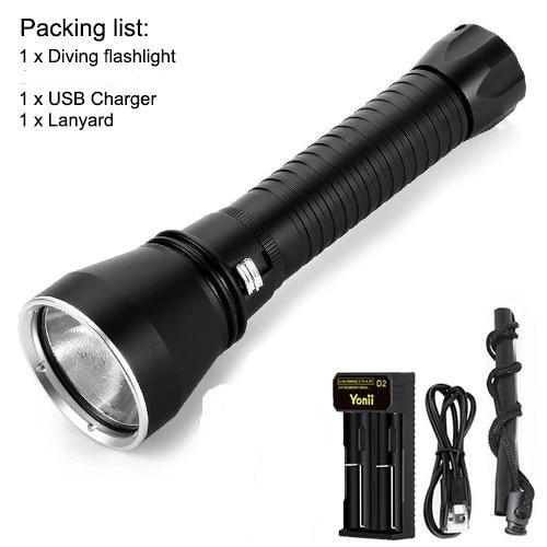 Stevvex black aluminum dive flashlight with high lumen LED, 1x USB charger, 1x lanyard on Tampa Home & Garden Store