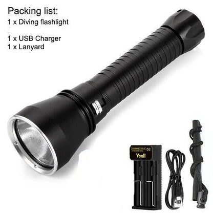 Stevvex black aluminum dive flashlight with high lumen LED, 1x USB charger, 1x lanyard on Tampa Home & Garden Store