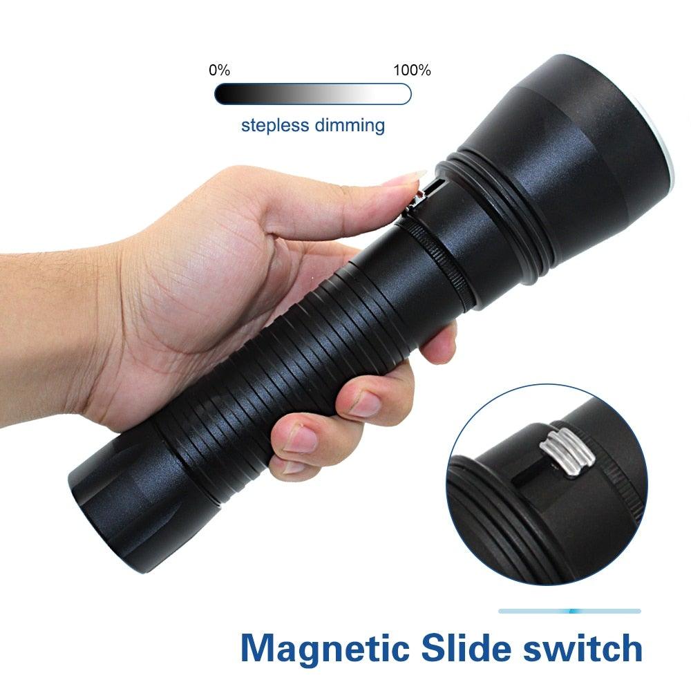 Stevvex ST4LMASS111 dive flashlight, black metal body, magnetic slide switch, stepless dimming on Tampa Home & Garden Store