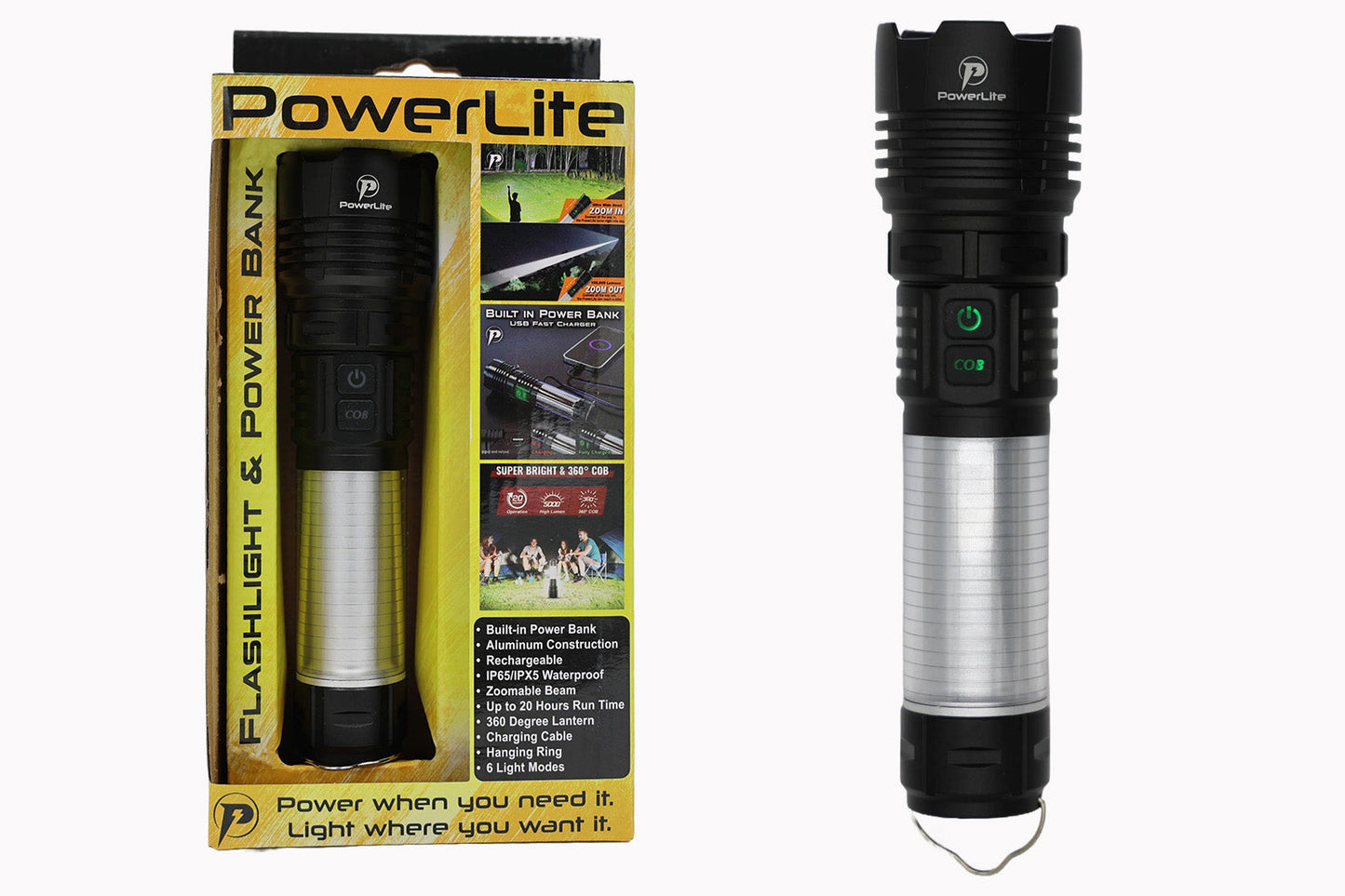 PowerLite 3 in 1 Rechargeable Flashlight by Killz, black aluminum body with silver grip on Tampa Home & Garden Store