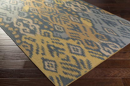 Powhattan Area Carpet by Boutique Rugs in blue gray beige gold with geometric ikat pattern on Tampa Home & Garden Store