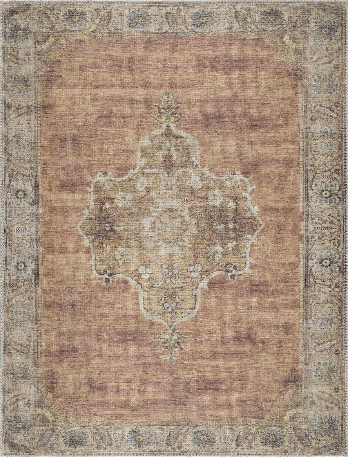 Powhatan Washable Area Rug by Boutique Rugs in warm rust with vintage border on Tampa Home & Garden Store