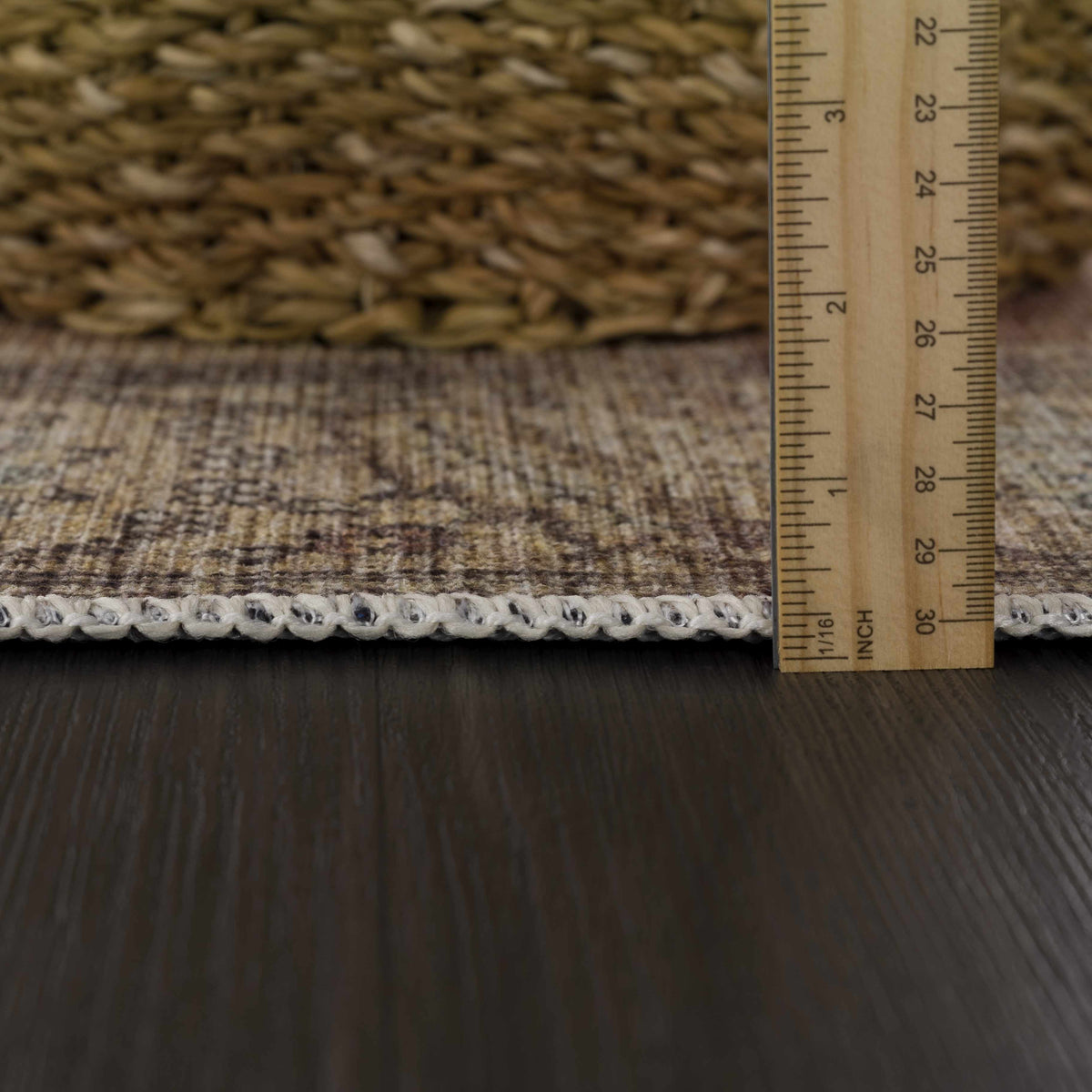 Powhatan washable area rug by Boutique Rugs, beige-brown textured surface with ruler for scale on Tampa Home & Garden Store