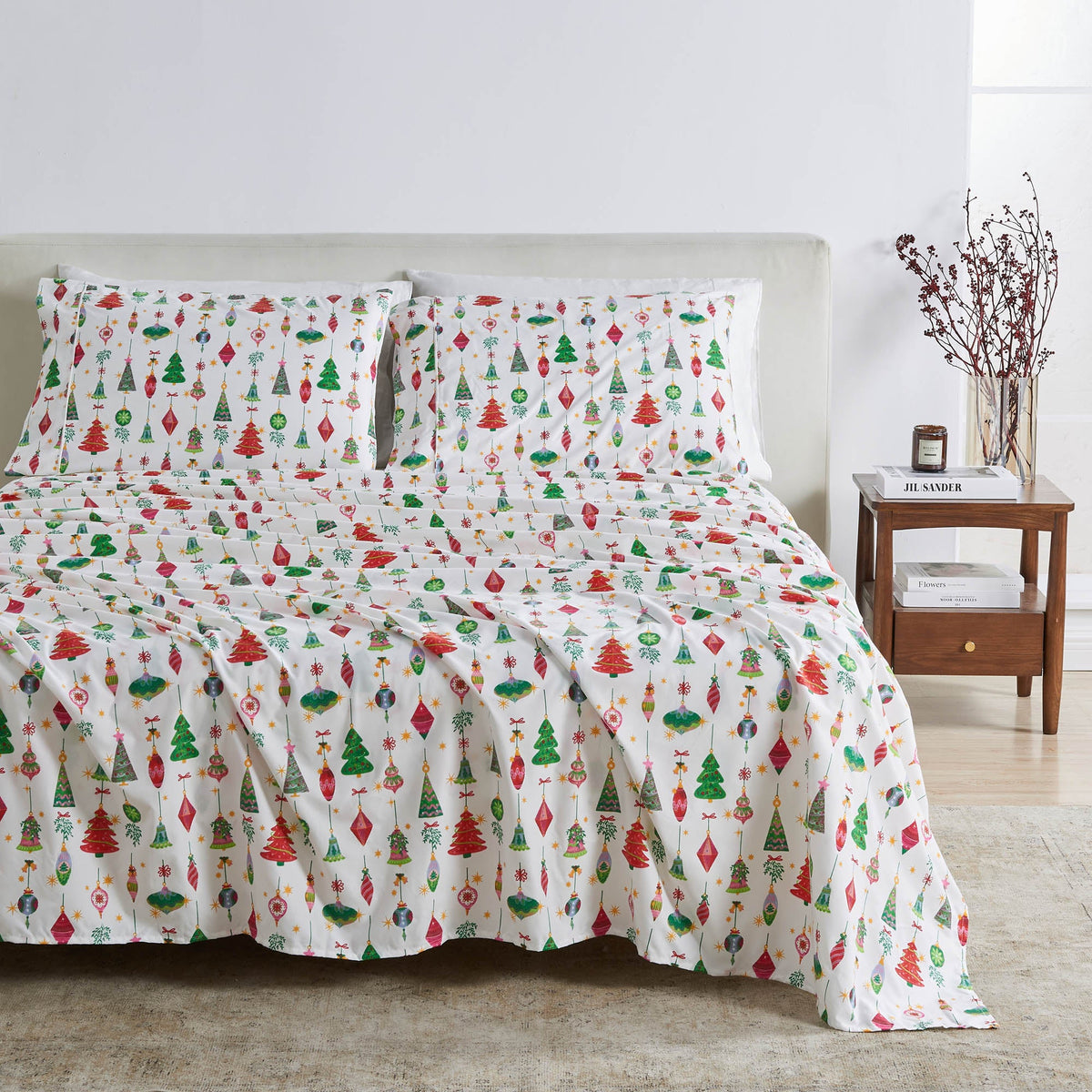Printed Baylor Collection sheet set in white with Christmas tree print by Great Bay Home on Tampa Home & Garden Store