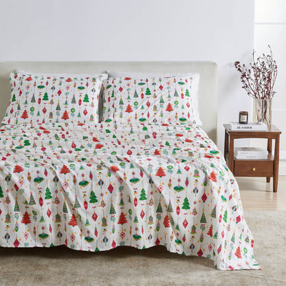Printed Baylor Collection sheet set in white with Christmas tree print by Great Bay Home on Tampa Home & Garden Store