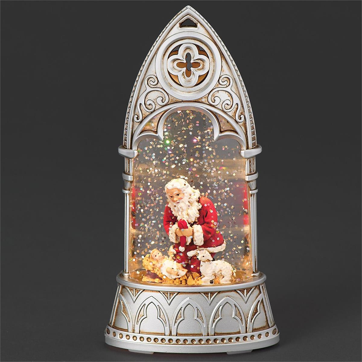 Lighted Santa Arch Waterglobe, silver ornate arch with glittery scene on Tampa Home & Garden Store