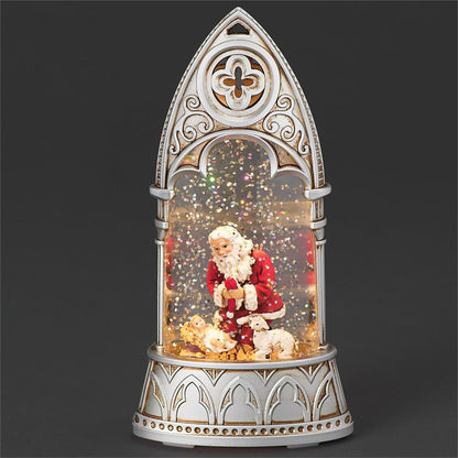 Lighted Santa Arch Waterglobe, silver ornate arch with glittery scene on Tampa Home & Garden Store