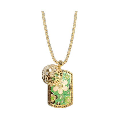 Art Deco Daisy & Cluster Pendant Necklace, gold-tone chain with green enamel floral pendant on Tampa Home & Garden Store